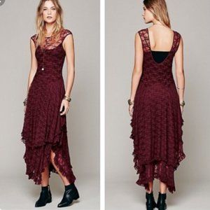 Free People Intimately French Courtship Burgundy Lace Ruffle Maxi Dress Size S